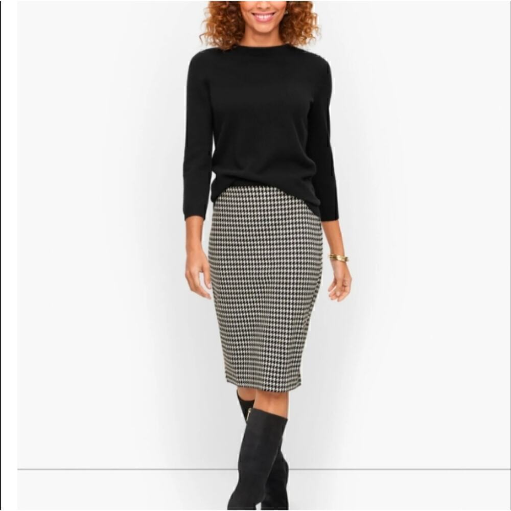 Talbots Black &‎ White Houndstooth Wool Blend Knee Length Pencil Skirt Size 2P